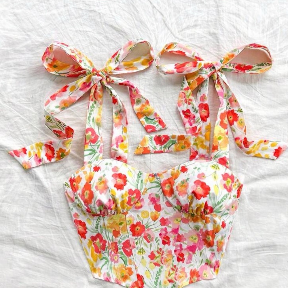 Floral Bustier Top with Bow Straps